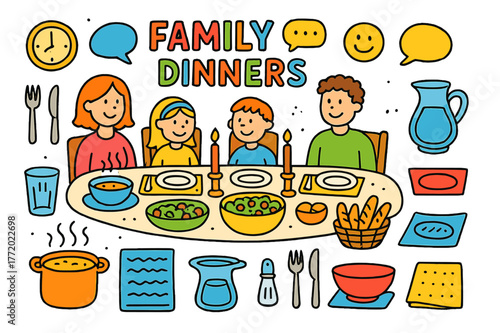 Family Dinner Doodles. Family dinners. Colorful Hand-drawn doodle Children illustration Family dinners dining table, plates, bowls, cutlery, steaming soup,