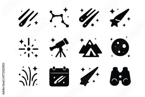 Meteor Shower Icons. Meteor showers. Solid icons set of Meteor showers: streaking meteors, constellation, night sky, shooting star, radiant point, telescope,
