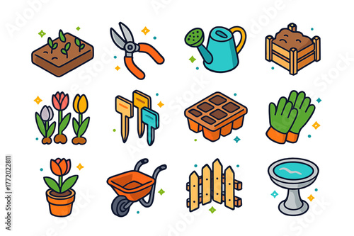 Seasonal Garden Icons. Seasonal garden awakening. Colorful isometric vector icons set of Seasonal garden awakening: garden bed sprouts, pruning shears,