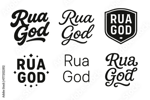 Diverse Lettering Styles. Rua God. Set lettering. harmonious lettering variations of the same emblematic concept, each with different artistic interpretation