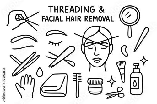 Threading Essentials Icons. Threading and facial hair removal. Hand-drawn doodle illustration Threading and facial hair removal cotton thread, eyebrow shape,