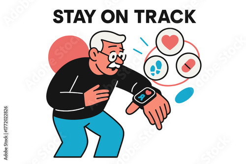 Smartwatch Health Icons. Old age ? Smartwatch health check. Wrist tilt reveals tidy icons ? heart rate, steps, meds reminder; gentle rings glow. Tag ?STAY ON