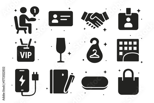 Collector Icons Grid. Collector experience. Solid icons set of Collector experience: bidder seat, business card, handshake deal, membership card, VIP badge,