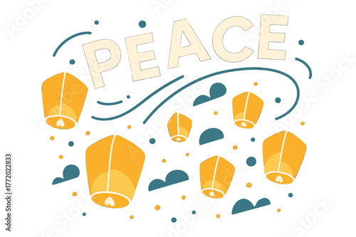 Lanterns of Peace. Lantern Glow. Floating paper lanterns drift upward, each pulse glowing softly against night air. Curved motion lines form ?peace? in the