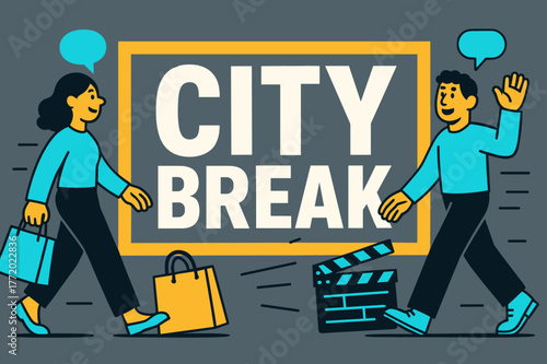 City Adventure Banner. City Break banner, flat vector illustration, bold oversized text inside rectangular frame banner, cartoon characters walking and waving
