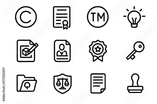 Intellectual Property Icons. Intellectual Property Law. Line icon set of Intellectual Property Law: copyright symbol, patent document, trademark badge, idea