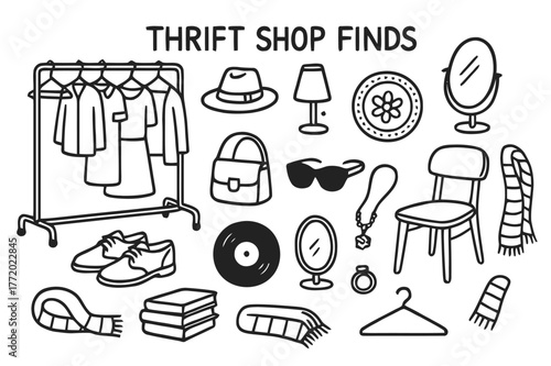 Thrift Shop Doodles. Thrift shop finds. Hand-drawn doodle illustration thrift shop finds clothes rack, shoes, hat, lamp, plate, bag, sunglasses, vinyl, mirror,