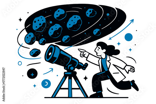 Asteroid Belt Exploration. Asteroid belt studies. Telescope pointing towards asteroid belt with floating asteroids and abstract orbit lines; conveys astronomy,