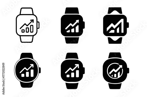 Innovative Logo Designs. Sports performance tracking. Set Logo of Sports performance tracking: smartwatch face with rising chart. harmonious logo variations of