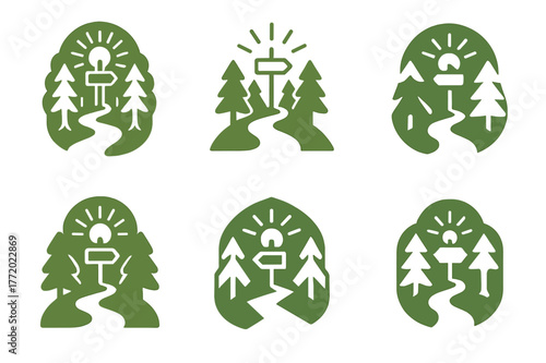 Luminous Woodland Paths. symbolic path leading through the woods, filled with light. Set Logo of symbolic path leading through the woods, filled with light: