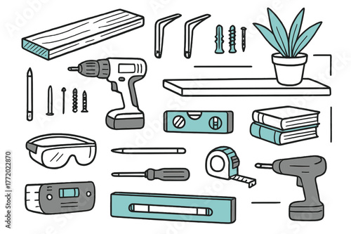 Floating Shelves Installation. // Installing floating shelves. Hand-drawn doodle illustration installing floating shelves [board plank (accented), brackets