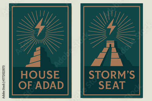 Adad Temple Banners. Temple of Adad. Two vertical A6 banners with safe margins, centered composition, no elements touching edges, modern, teal and copper,