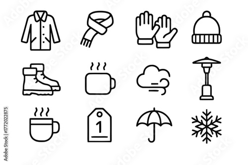 Winter Essentials Icons. Winter Night Out. Line icon set of Winter Night Out: coat, scarf, gloves, beanie hat, warm boots, hand warmer, breath cloud, patio