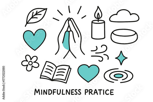 Mindfulness Symbols Illustration. // Mindfulness practice. Hand-drawn doodle illustration Mindfulness practice [clasped hands (accented), candle (accented),