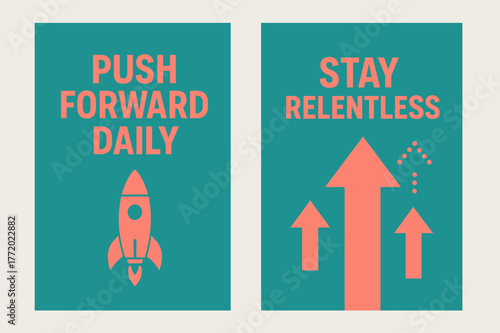 Motivational Banners. Push forward daily. Two vertical A6 banners with safe margins, centered composition, no elements touching edges, modern, turquoise and