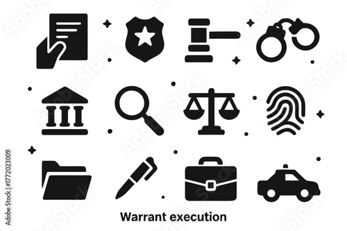 Legal Icon Set. Warrant Execution. Solid icons set of Warrant Execution: hand holding document, police badge, gavel, handcuffs, courthouse, magnifying glass,