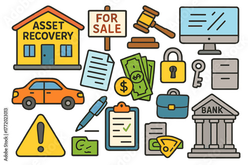 Asset Recovery Doodles. asset recovery. Colorful Hand-drawn doodle Children illustration asset recovery office building, "For Sale" sign, auction hammer,