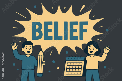 Vibrant Belief Banner. Open belief banner, flat vector illustration, bold oversized text inside explosion frame, cartoon characters standing and waving beside