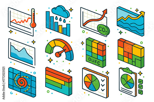 Colorful Climate Charts. Climate and environmental charts. Colorful isometric vector icons set of Climate and environmental charts: temperature anomaly line,