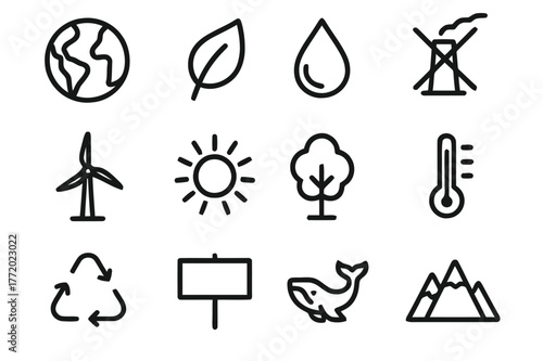 Climate Icons Grid. Climate justice art. Line icon set of climate justice art: earth, leaf, water drop, smokestack crossed, wind turbine, sun, tree,