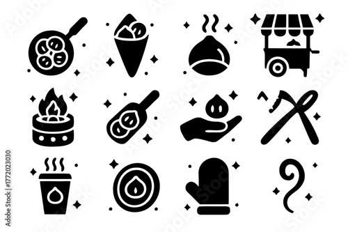 Roasted Chestnuts Icons. Roasted Chestnuts. Solid icons set of Roasted Chestnuts: chestnut pan, chestnut cone bag, steaming chestnut, street cart, charcoal
