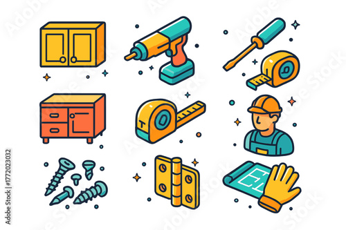 Home Improvement Icons. Home improvement. Colorful isometric vector icons set of home improvement: upper cabinets, lower cabinets, screwdriver,
