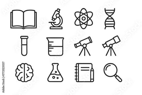 Science Icon Collection. Reading a science book. Line icon set of reading a science book: open book, microscope, atom, DNA strand, test tube, beaker,