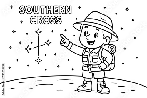 Friendly Explorer Coloring. Using the Southern Cross children?s coloring book illustration, outlined drawing, a friendly explorer pointing to the Southern