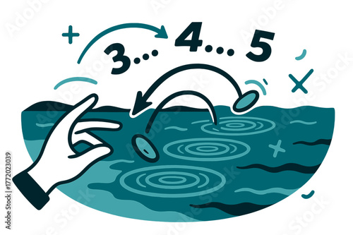 Skipping Stones. Pebble ? Ocean Toss. A hand skips a stone across calm waves; concentric splash circles expand in rhythm. Text ?......? arcs with the skips.