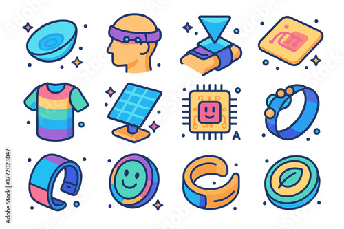 Future Wearables Icons. Future wearable concepts. Colorful isometric vector icons set of Future wearable concepts: smart contact lens, neural interface