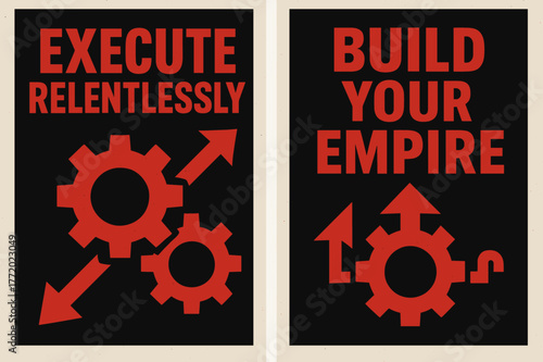 Bold Brutalist Banners. Execute relentlessly. Two vertical A6 banners with safe margins, centered composition, no elements touching edges, brutalist, black and