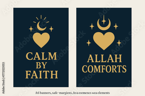 Tranquil Heart Banners. Tranquil Heart. Two vertical A6 banners with safe margins, centered composition, no elements touching edges, bold, navy and gold, heart