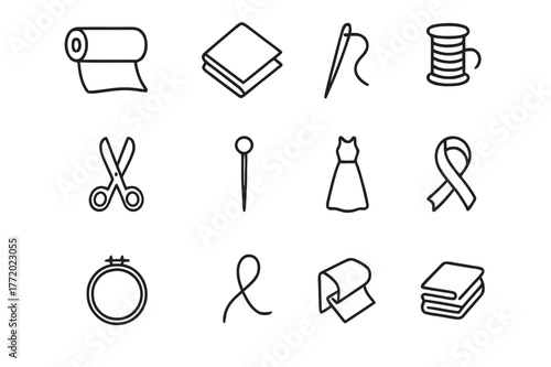 Sheer Fabric Icons. Sheer fabric. Line icon set of sheer fabric: organza roll, fabric fold, sewing needle, thread, scissors, pin, spool of thread, embroidery