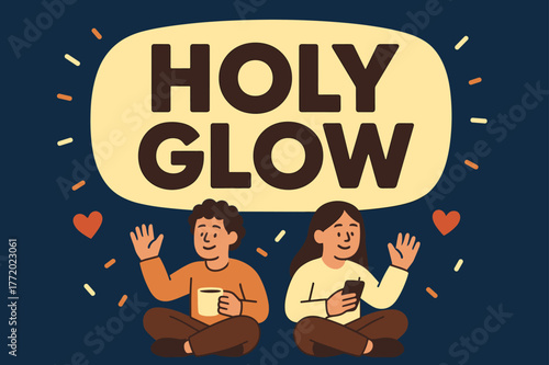 Joyful Banner Duo. Holy glow banner, flat vector illustration, bold oversized text inside rounded blob, cartoon characters sitting peacefully and waving, one