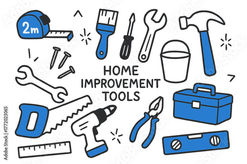 Cartoon Tools Doodle. // Home improvement tools. Hand-drawn doodle illustration Home improvement tools [tape measure (accented), paintbrush (accented),