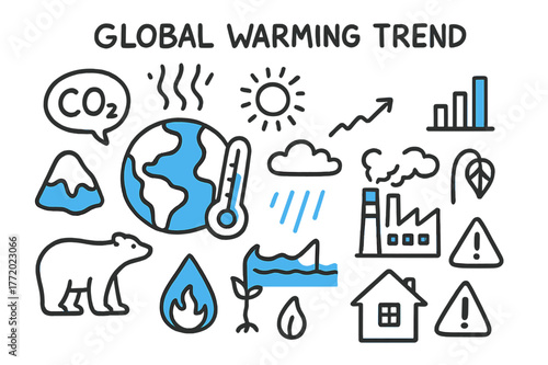 Global Warming Icons. Global warming trend. Hand-drawn doodle illustration global warming trend [Earth with thermometer (accented), heatwave lines (accented),