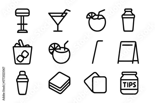Pool Bar Icons. Pool Bar. Line icon set of Pool Bar: bar stool, cocktail glass, coconut drink, blender, ice bucket, fruit garnish, straw, menu board, shaker,