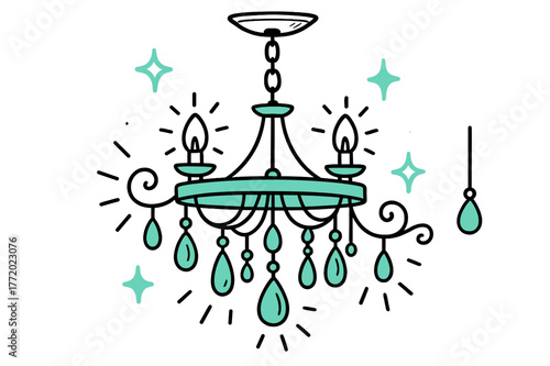 Modern Chandelier Doodle. // Modern chandelier. Hand-drawn doodle illustration Modern chandelier [chandelier frame (accented), hanging crystals (accented),