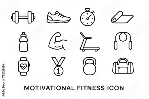 Motivational Fitness Icons. Motivational fitness. Line icon set of motivational fitness: dumbbell, running shoe, stopwatch, yoga mat, water bottle, flexed