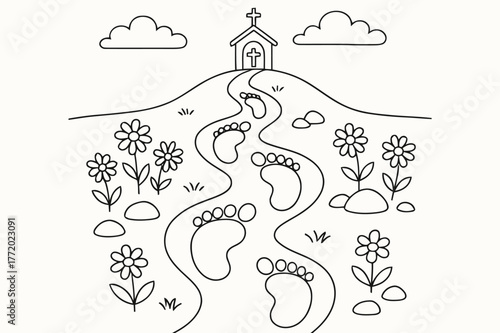 Children's Trail Adventure. Footprints of the journey children?s coloring book illustration, outlined drawing, a trail of big friendly footprints leading past