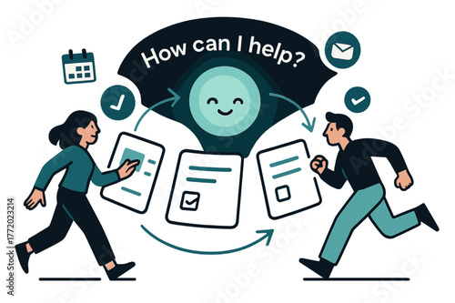 Friendly AI Orb. AI Assistants. A friendly orb with a subtle face projects task cards into a tidy arc; caption ?How can I help?? glows above.