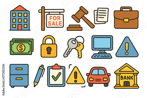 Business Assets Doodle. business assets. Colorful Hand-drawn doodle Children illustration business assets office building, "For Sale" sign, auction hammer,