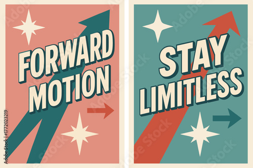 Retro Banners Display. Forward motion. Two vertical A6 banners with safe margins, centered composition, no elements touching edges, retro, pink and teal,