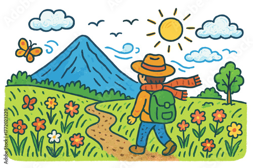 Colorful Mountain Landscape. mountain field. Colorful Hand-drawn doodle Children illustration mountain field person, tall grass, wind, distant mountain,