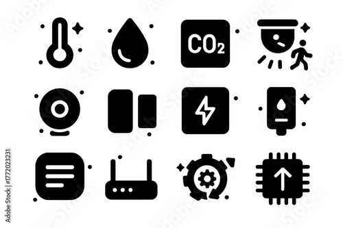 IoT Sensors Icon Set. IoT sensors and automation. Solid icons set of IoT sensors and automation: temperature sensor, humidity sensor, CO2 sensor, motion