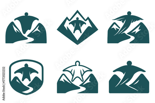 Wingsuit Emblem Variations. Wingsuit flying. Set Logo of Wingsuit flying: flyer slicing through valley. harmonious logo variations of the same emblematic