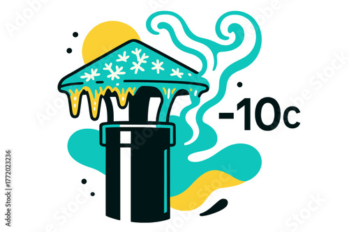 Frozen Flue Geometry. Frozen Flue Detail. Frost crystals spread along the metal cap while faint steam escapes in a swirling pattern. ?-?C? floats in small