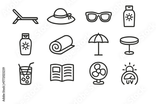 Sunbathing Essentials Icons. Sunbathing. Line icon set of Sunbathing: sun lounger, sun hat, sunglasses, sunscreen, tanning lotion, towel, parasol, side table,