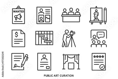 Public Art Icon Set. Public Art Curation. Line icon set of Public Art Curation: open call notice, artist portfolio, selection jury, proposal sketch, budget