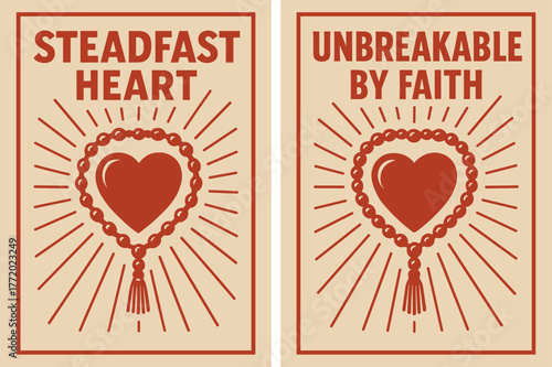 Steadfast Heart Banners. Unbreakable Heart. Two vertical A6 banners with safe margins, centered composition, no elements touching edges, retro, red and beige,